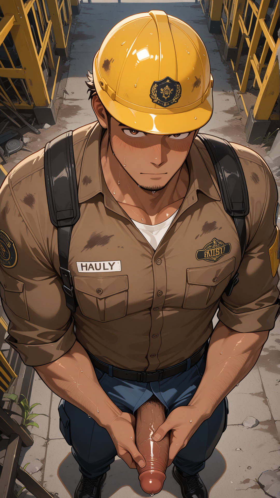 1boy, yaoi, muscular adult, construction worker clothes, dark skin ton, human penis, bara, construction Path, dirty, pissing, holding dick, from above