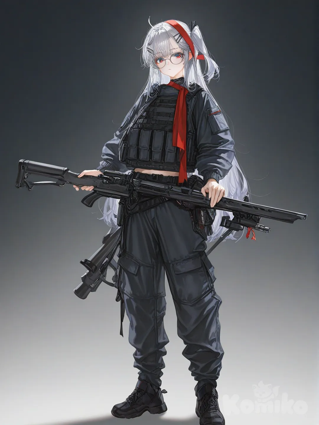 vest, cargo pants, 1boy, [soft-light-illustration-style]A large, bespectacled, irritable-looking man with a red ribbon tied around his head carried three weapons: a long stick, an iron sword, and a pair of steel hairpins, full body