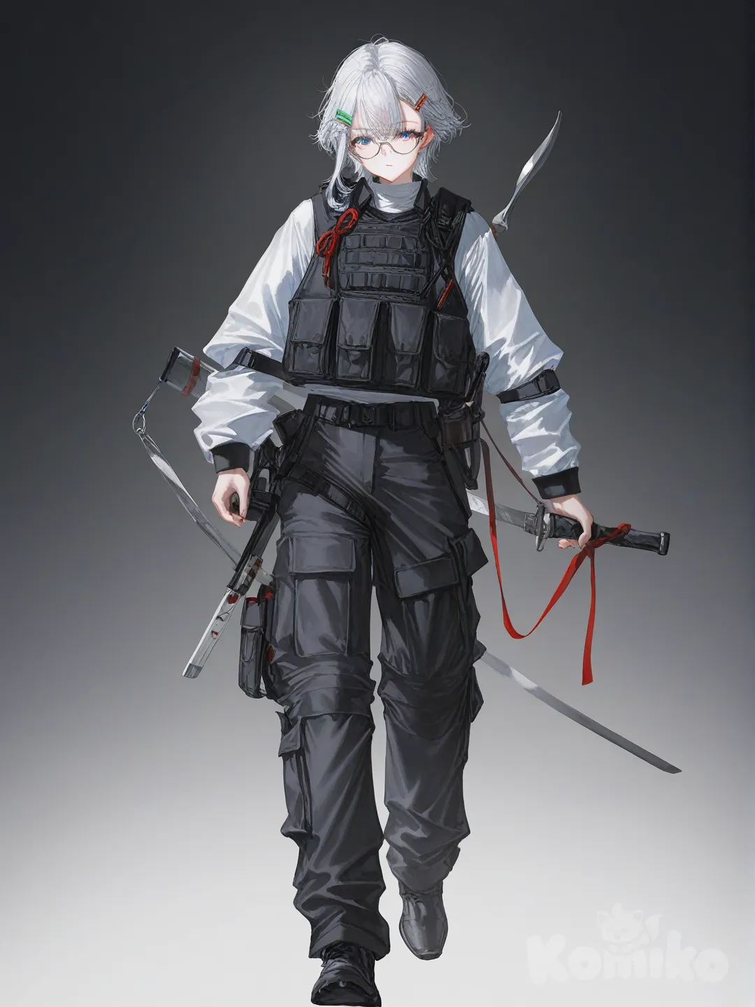 vest, cargo pants, 1boy, [soft-light-illustration-style]A large, bespectacled, irritable-looking man with a red ribbon tied around his head carried three weapons: a long stick, an iron sword, and a pair of steel hairpins, full body