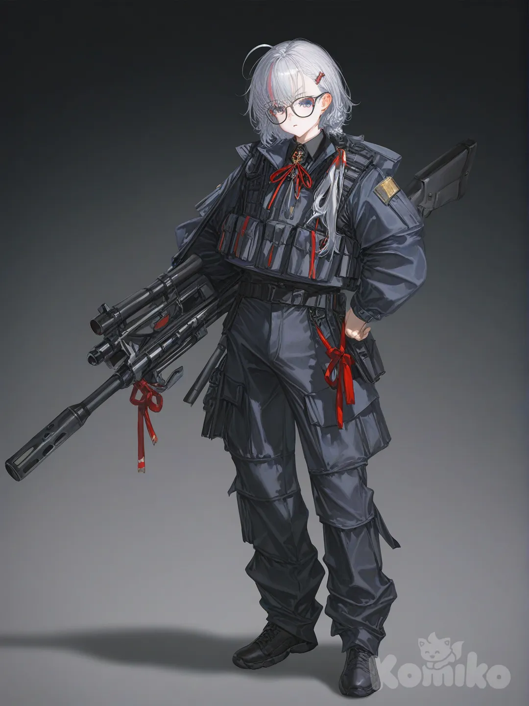 vest, cargo pants, 1boy, [soft-light-illustration-style]A large, bespectacled, irritable-looking man with a red ribbon tied around his head carried three weapons: a long stick, an iron sword, and a pair of steel hairpins, full body