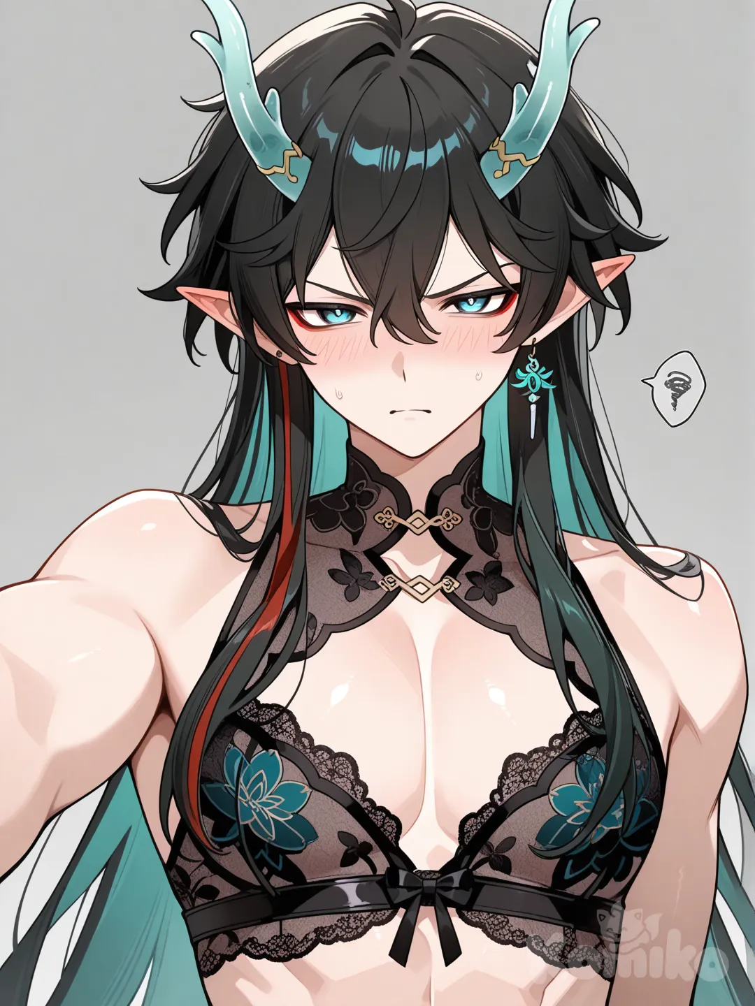 Dan_Heng_(Imbibitor_Lunae)_(Honkai:Star_Rail), blush, Sexy lingerie, Look at the camera with disgust