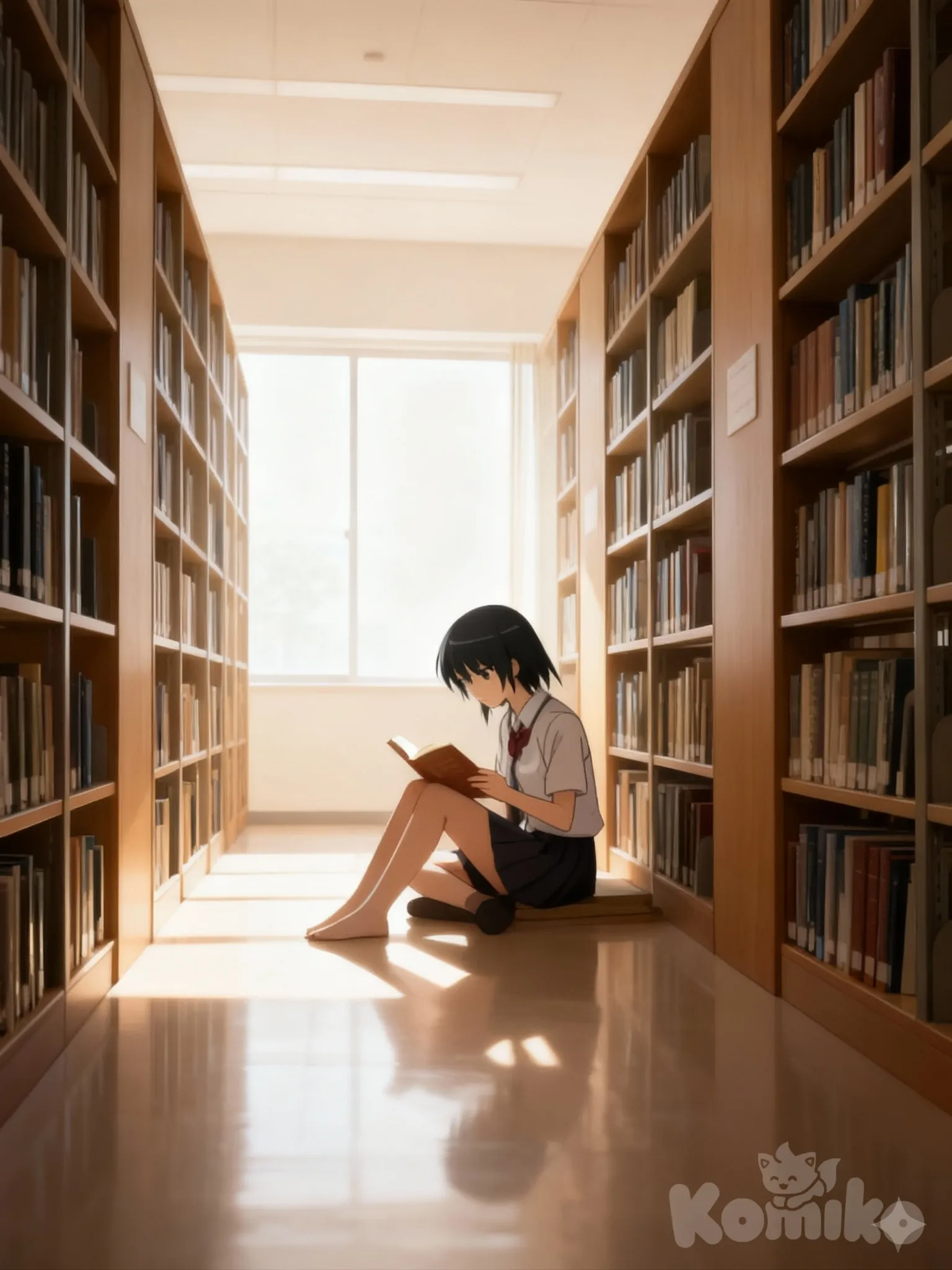1girl, Yuki Nagato (The Melancholy of Haruhi Suzumiya), reading a book in a tranquil library, minimalist style