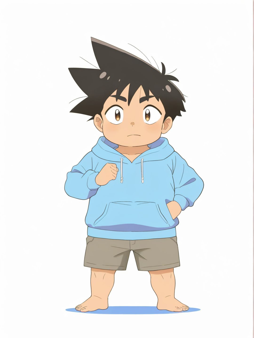 [bright-anime-style] 1boy, teenager, chubby, black_hair, brown_eyes, tan_skin, hoodie, beach_shorts, single character, full body, looking at viewer, anime style, simple background, white background