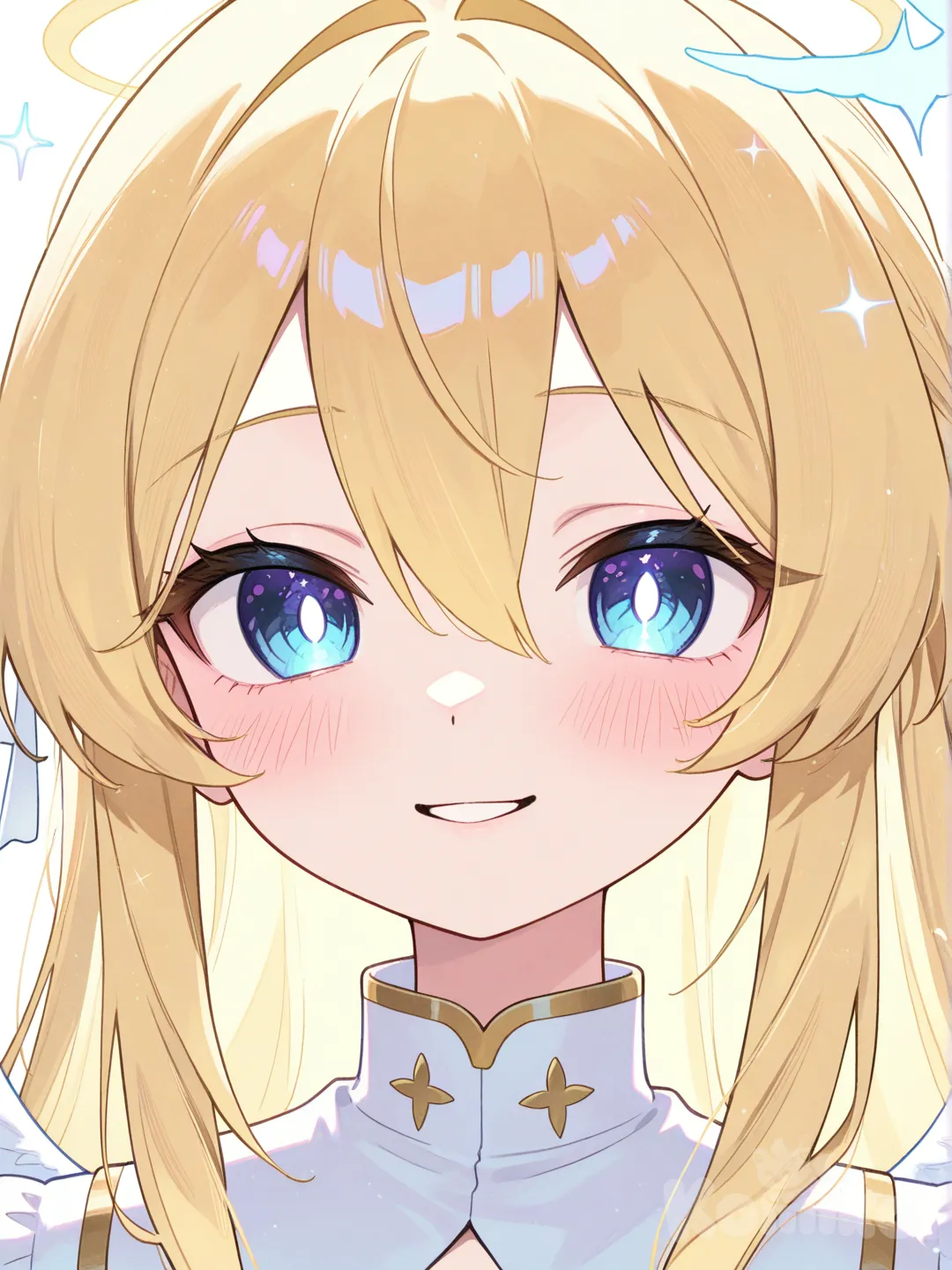 Blonde, blue eyes, angelic appearance, nice, sweet and cute personality, the image of the whole head