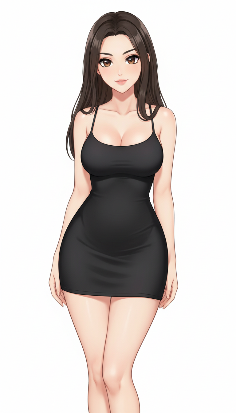 1girl, realistic, teenager, curvy, black hair, brown eyes, tan skin, little black dress, single character, full body, looking at viewer, anime style, simple background, white background, anime style