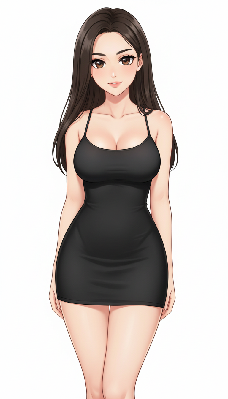1girl, realistic, teenager, curvy, black hair, brown eyes, tan skin, little black dress, single character, full body, looking at viewer, anime style, simple background, white background, anime style