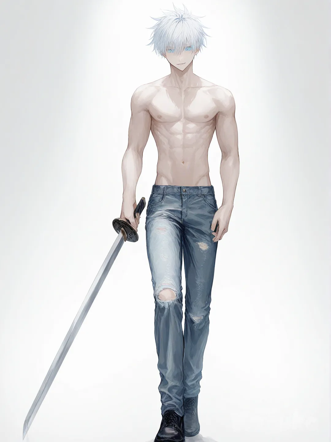 1boy, Gojou Satoru, [sweet-pastel-style], holding sword, full body, stage light, white background. He is wearing a jeans and having a naked torso.
