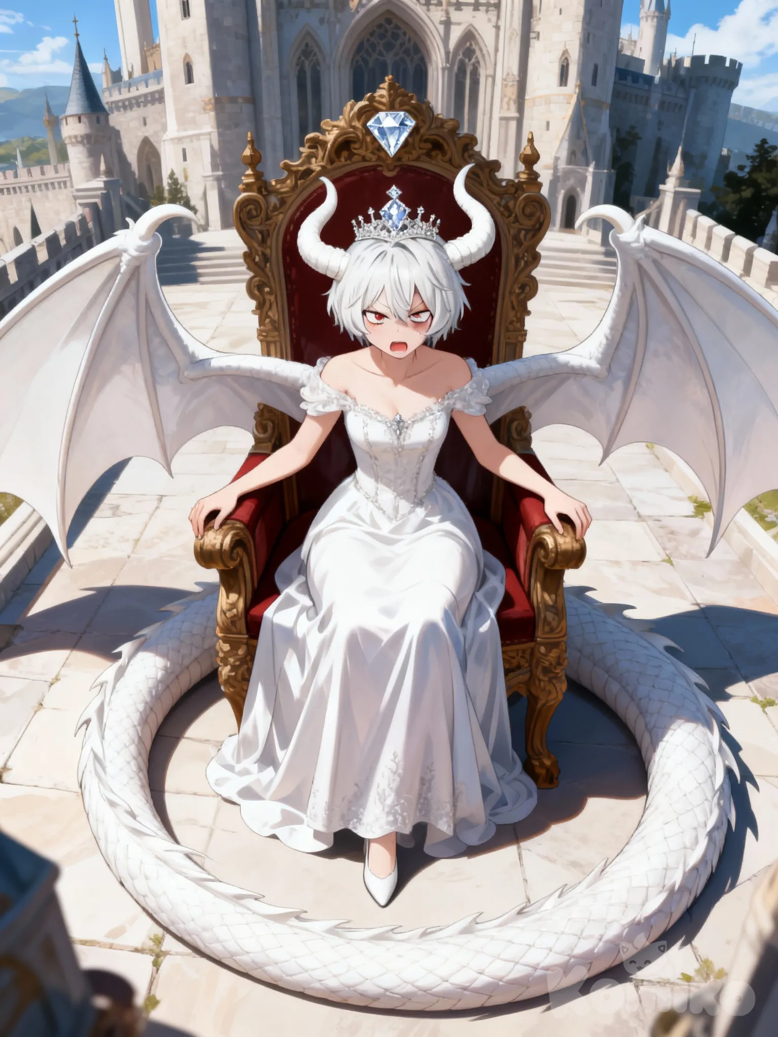 @lily-shimura-shigaraki-Drej, angry, sitting on throne, white dragon wings, white dragon horns, white dragon tail, white dress, crown, diamonds, full body, day, castle looking down at viewer
