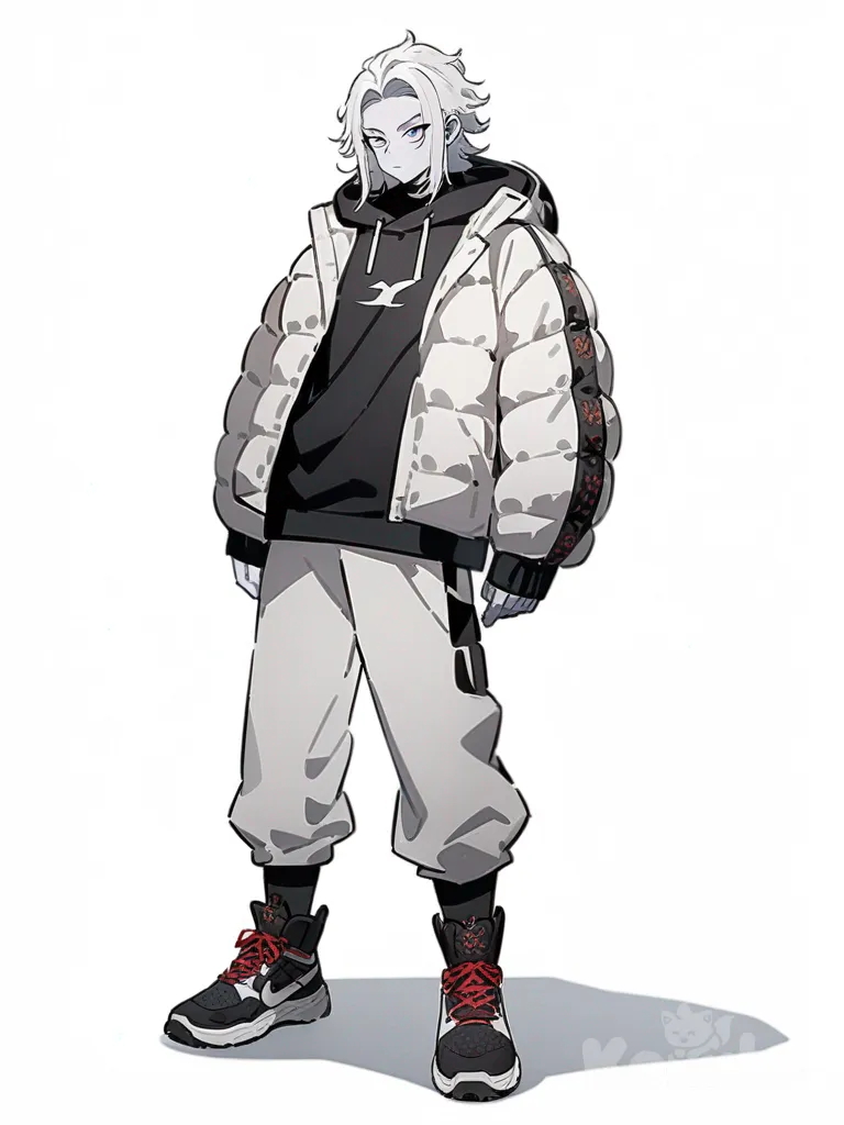 1boy, original character, Demon Slayer style, in the world of Demon Slayer, teenager, tall, athletic, wavy long white hair, blue and gray eyes, pale skin, hoodie, down jacket, single character, full body, looking at viewer, anime style, simple background, white background