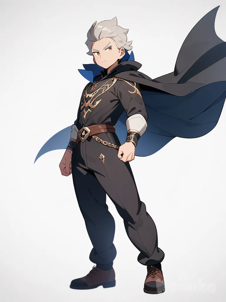 1boy, hombre, capa, estilo Pokémon, single character, full body, looking at viewer, anime style, simple background, white background