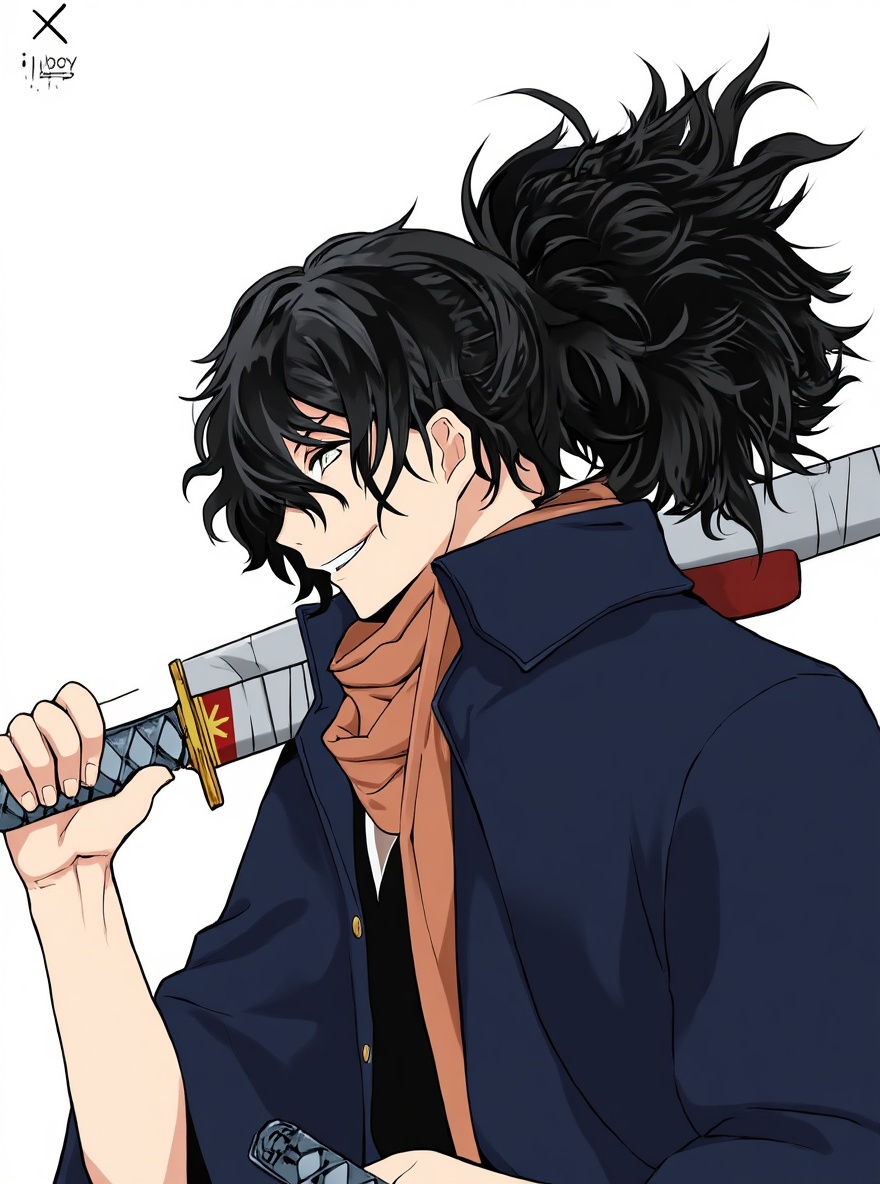 1boy, Screenshot_2025_1010_013141, Jujutsu Kaisen style, original character, Demon Slayer style, mature, black hair, single character, full body, looking at viewer, anime style, simple background, white background