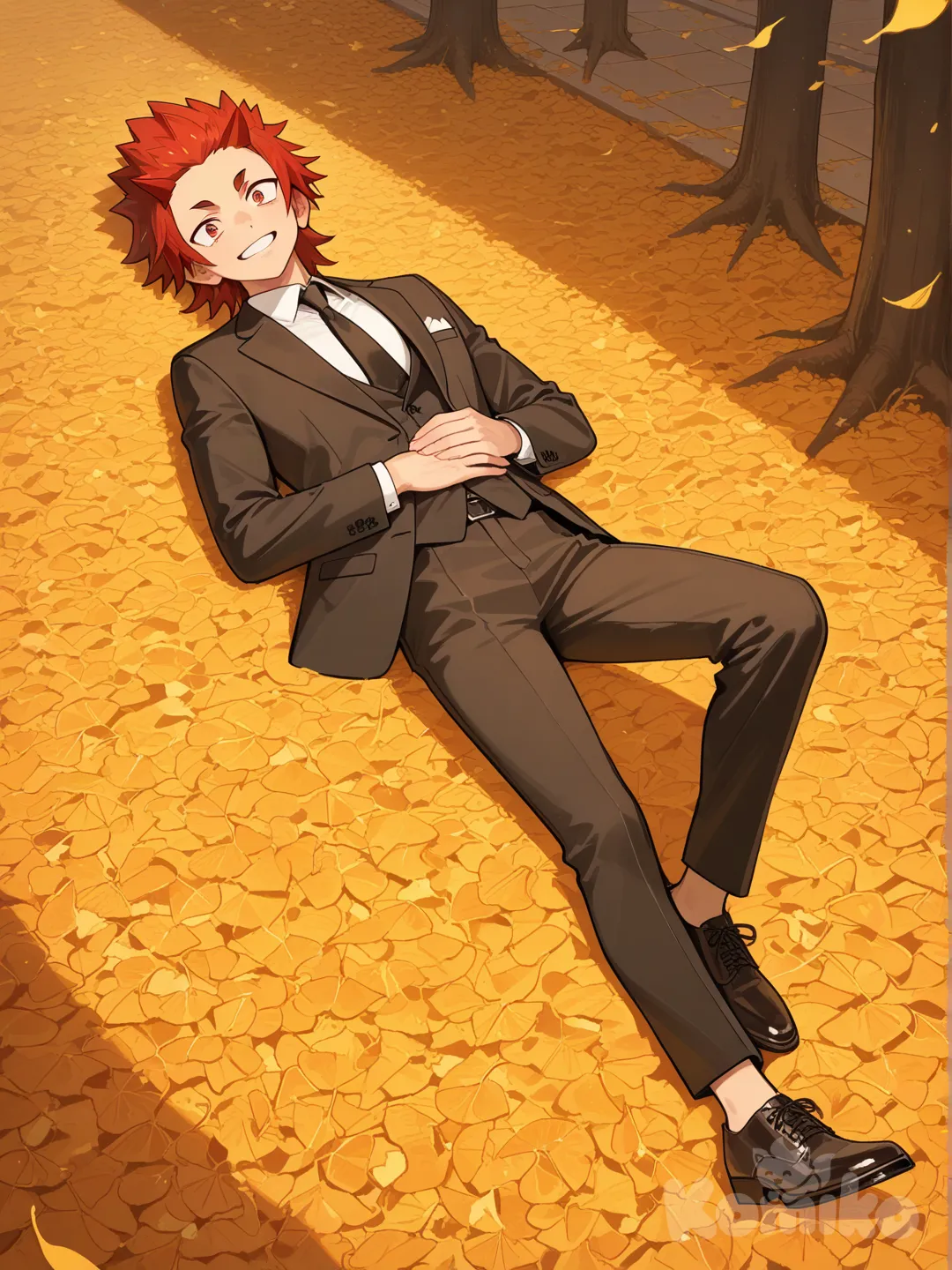 @Kirishima_Eijirou, lie on back, smile, suit, full body, twilight, leaves falling