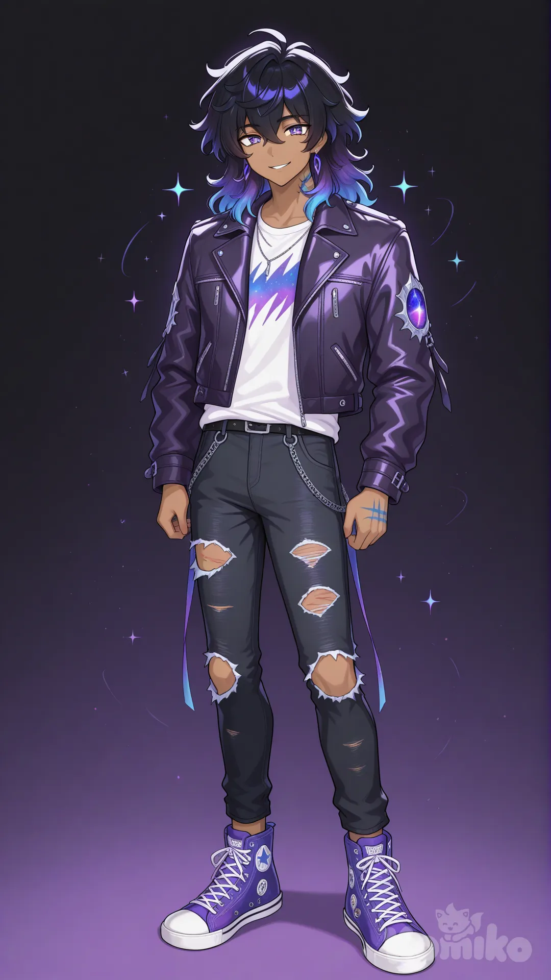 Create an anime character he has dark black shaggy hair dark tan he has dark blue eyes blended with Galaxy purple he is wearing a leather jacket with blue scratch like markings he has a strip of dark blue in his hair faded into Galaxy purple he has on skinny black jeans with rips he has on blue and purple converse high tops and he has a nice smile