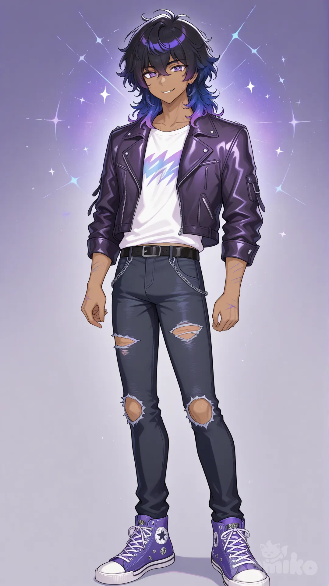 Create an anime character he has dark black shaggy hair dark tan he has dark blue eyes blended with Galaxy purple he is wearing a leather jacket with blue scratch like markings he has a strip of dark blue in his hair faded into Galaxy purple he has on skinny black jeans with rips he has on blue and purple converse high tops and he has a nice smile