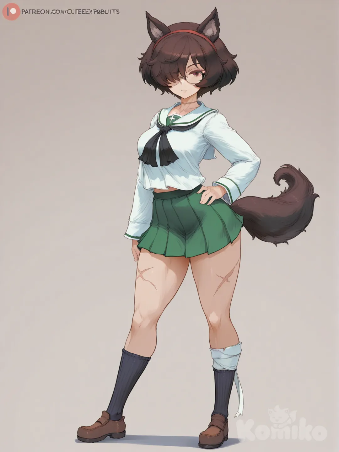 glasses, hair over one eye, scar, hairband red , full body, bandages, wolf girl, cutesexyrobutts, red eyes, brown hair, short hair, medium breasts, girls und panzer