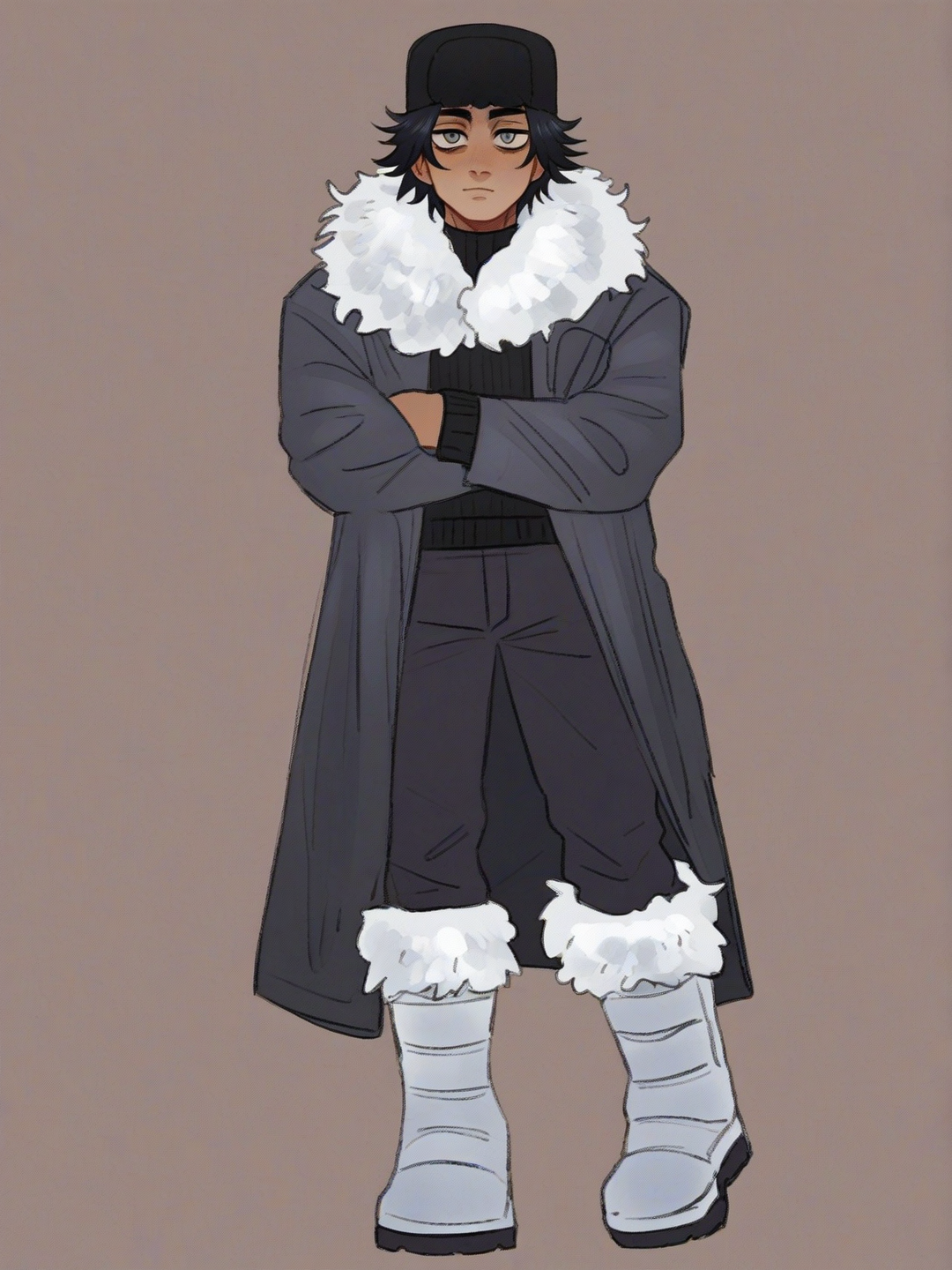 [soft-shaded-moe-style] 1boy, mature male, dark skin, tall, athletic build, muscular, black hair, short hair, silver eyes, black ushanka, black overcoat, white fur trim, snow boots, black sweater, black pants, jujutsu kaisen style, single character, full body, looking at viewer, simple background, white background
