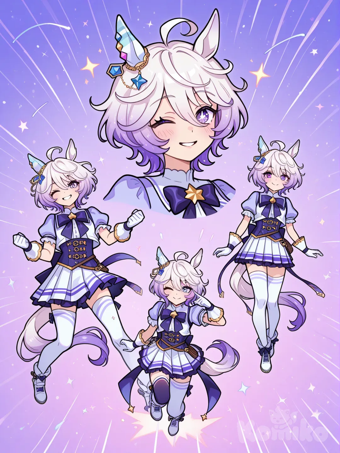 magical girl, umamusume, gradient hair, white hair, violet hair, short hair, messy hair, fluffy hair, multicolored hair, heterochromia, purple eyes, brave, confident, flirtatious, tall female, short skirt, horse tail, stars, star in eye, tomboy, flying, transformation