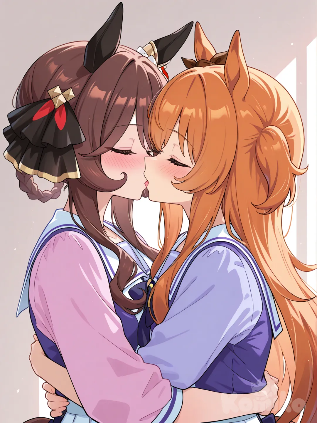 gentildonna (umamusume), mayano top gun (umamusume), kiss, french kiss, hug, date, yuri