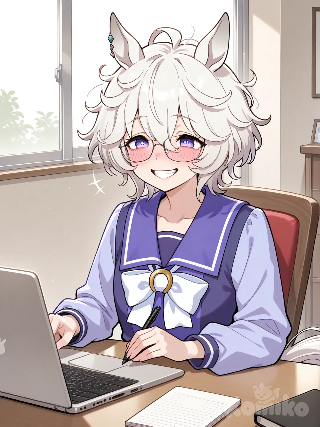 White hair, messy hair, short hair, violet eyes, lazy eyes, small mouth, glasses, flat chest, flat, androgynous, umamusume, tracen school uniform, 1girl, horse tail, fluffy hair, mature female, tall female, writing, typing, fanfic, excited, smiling, blushing, crazy smile