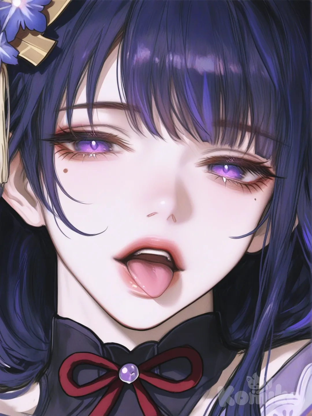 @Raiden_Shogun sedang membuka mulut dan melihat kamera , [semi-realistic-portrait-style]