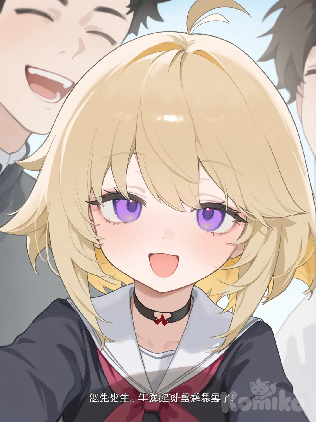 1boy, 1girl, 2people, sketchy painterly style, laughing, blush, selfie, school uniform, choker, blonde hair, spiky hair, happy, cheerful, close-up, playful expression