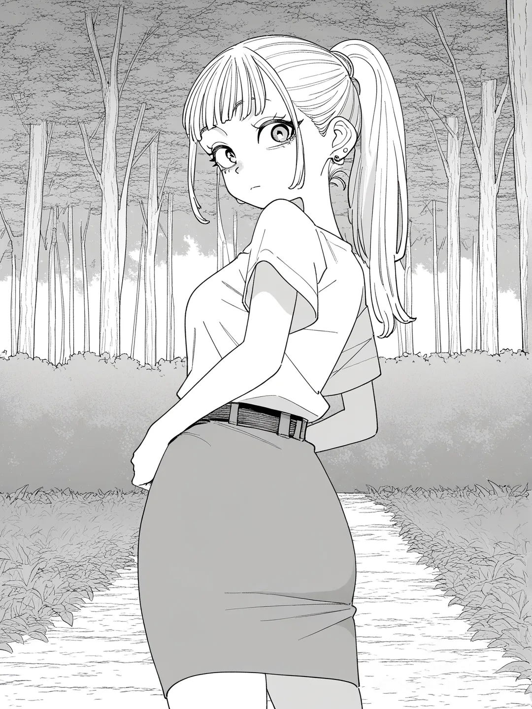1girl, [grayscale-manga-style], looking back, t-shirt, pencil skirt, earrings, blonde hair ponytail, Klein blue eyes, forest, eagle wings