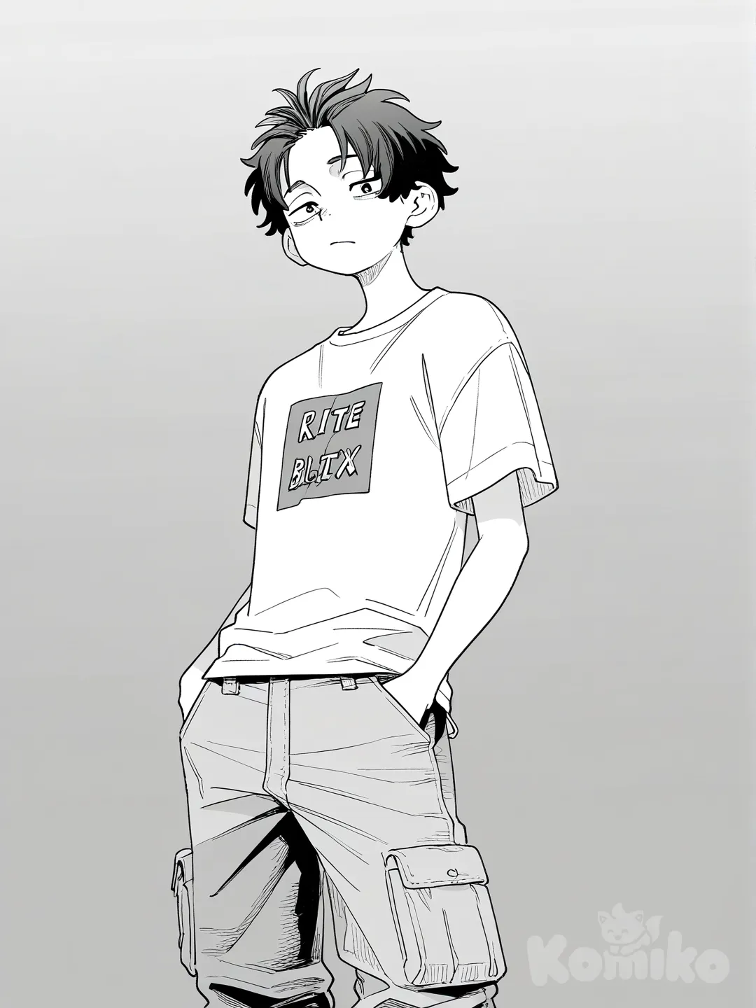 1boy, [grayscale-manga-style], hands in pockets, t-shirt, cargo pants, side part