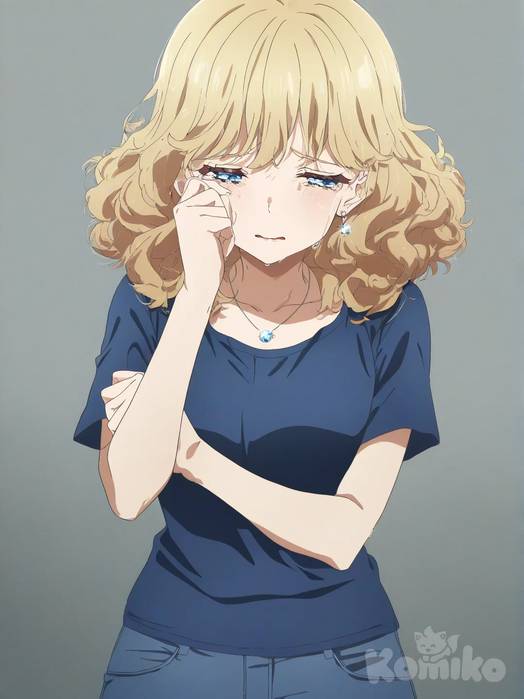 1girl, [bright-anime-style], wiping tears, sad, t-shirt, denim skirt, earrings, necklace, fluffy curls, blonde hair, navy blue