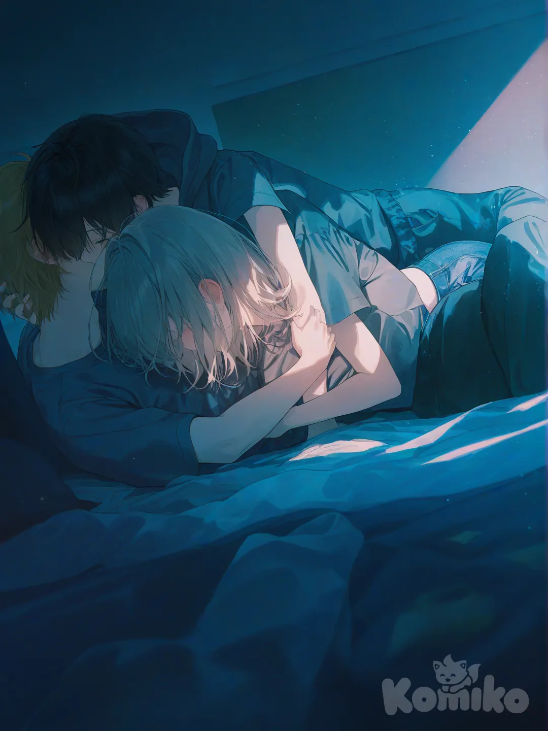 1boy, 1girl, 2people, [soft-pastel-style], kissing (girl on the ground, boy on top), t-shirt, hoodie, casual pants, girl has blonde hair, boy has black hair, closeup, night, sparkle, empty classroom