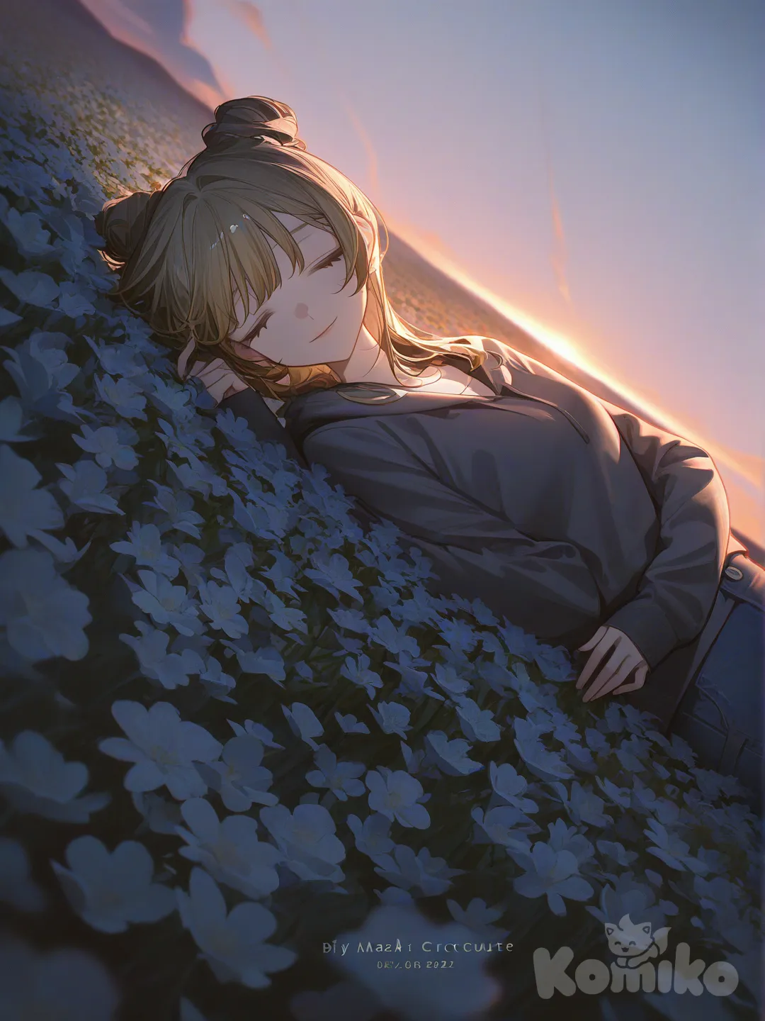 1girl, [high-contrast-glossy-style], lie on back, smile, closed eyes, hoodie, denim skirt, blonde hair, bun, closeup, twilight, sunset, on the flowers