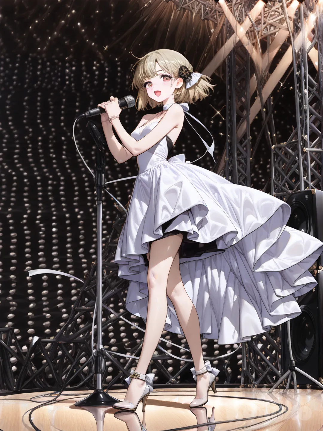 1girl, [high-gloss-illustration-style], singing, walking down the stage, slit dress, hair accessory, blonde short hair, looking at viewer, full body, closeup, sparkle