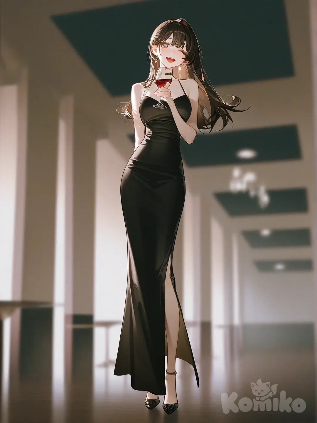 1girl, [high-contrast-glossy-style], singing, blush, one eye closed, happy, slit dresses, drinking wine, brown hair, full body, blurred background, looking at viewer, side light, cafe