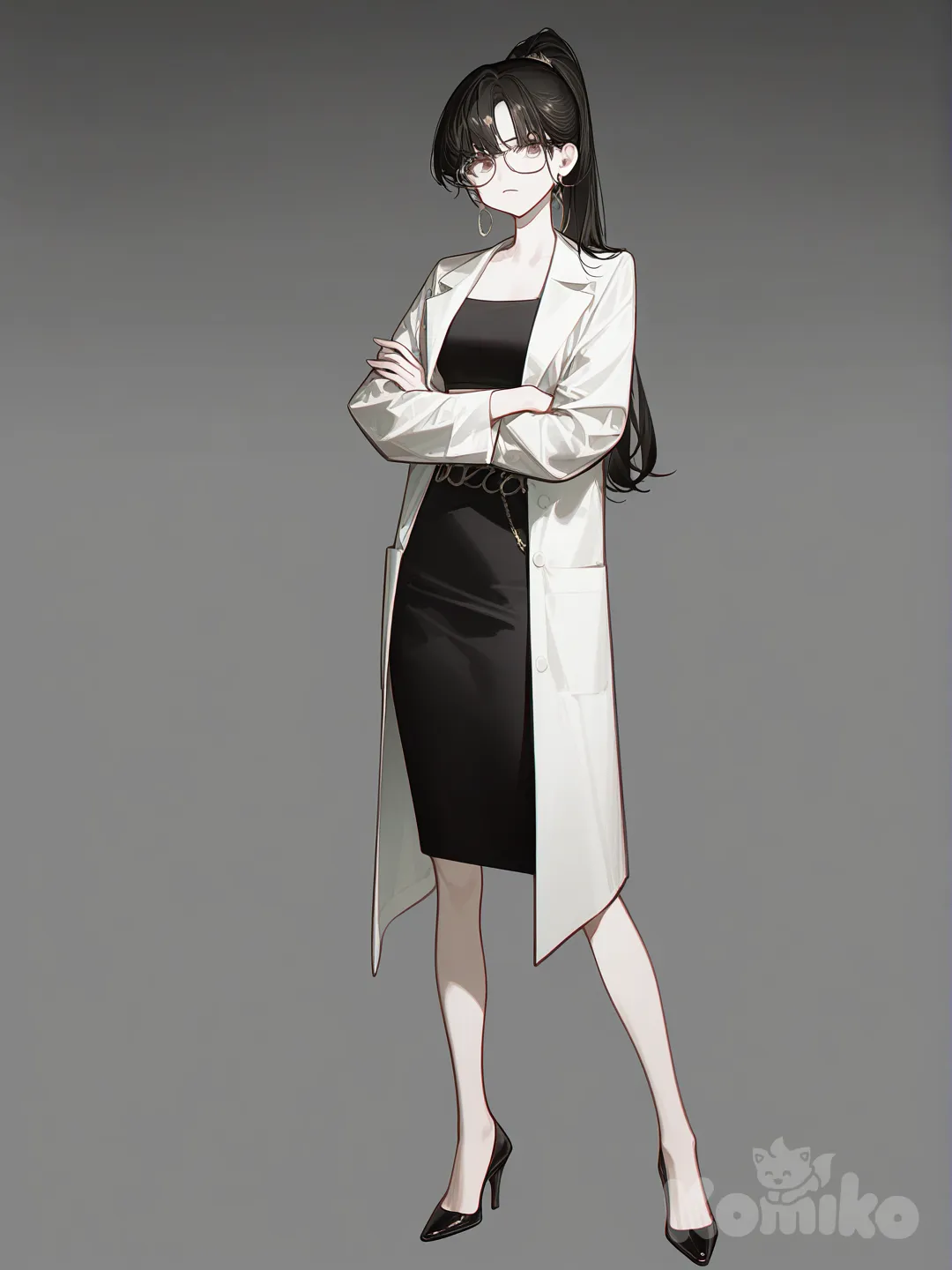 1girl, [high-contrast-glossy-style], crossed arms, frown, lab coat, crop top, pencil skirt, glasses, black hair, high ponytail