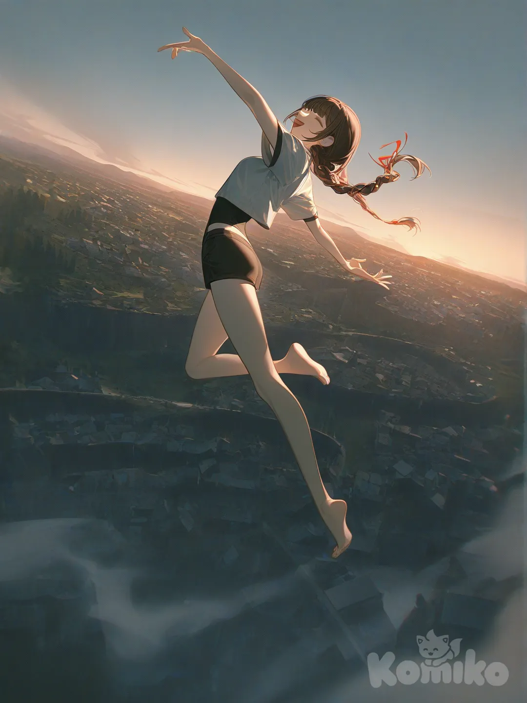 1girl, [high-contrast-glossy-style], closed eyes, laughing, jumping, crop top, short shorts, hair accessory, brown hair, braid, blunt bangs, full body, top light, village