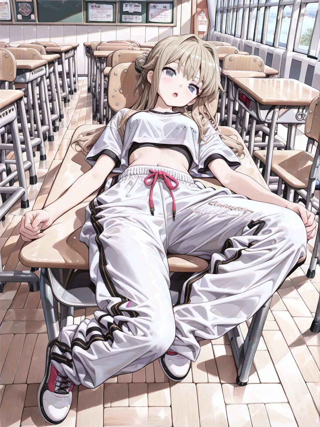 1girl, [high-gloss-illustration-style], lie on back, open mouth, crop top, sweat pants, blonde hair, bun, full body, day, rim light, looking at viewer, classroom