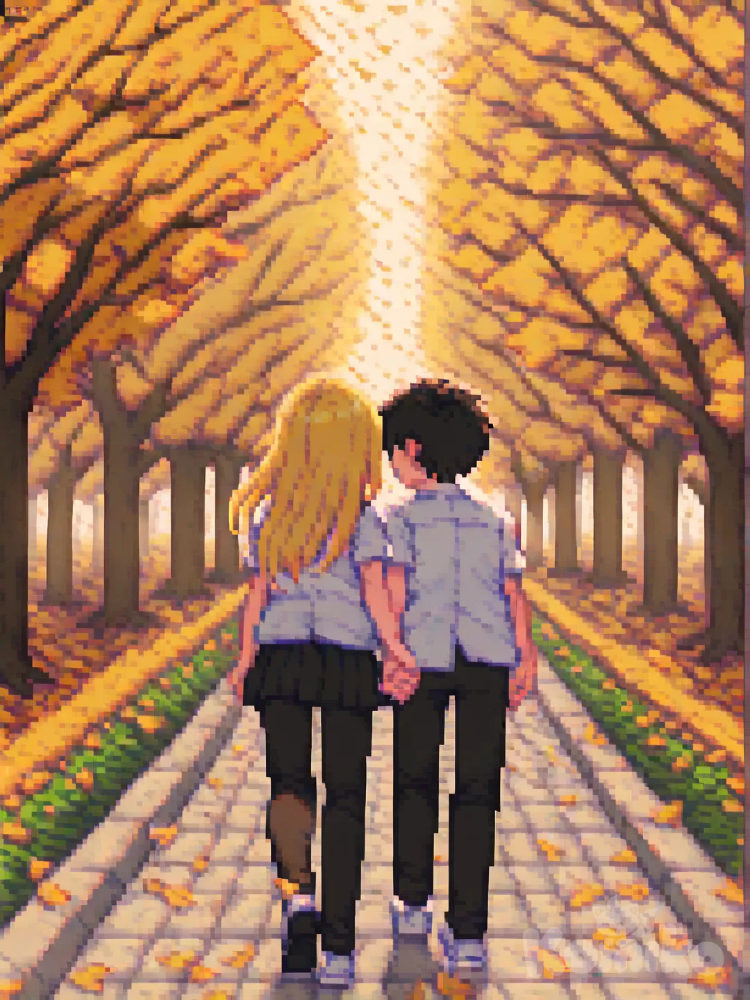 1boy, 1girl, 2people, [soft-pixel-art-style], kissing, holding another's hand, school uniform, blonde hair, black hair, closeup, full body, rim light, fall walk way