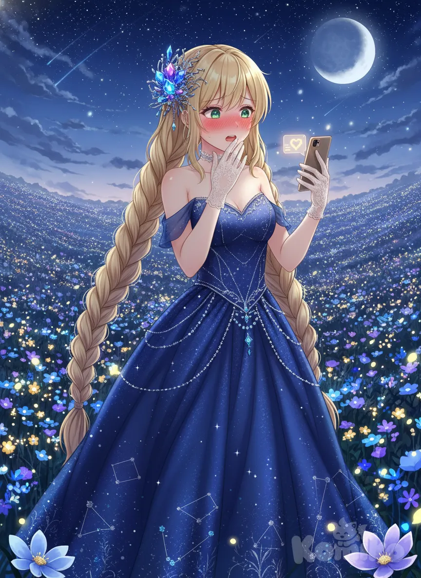 1girl, [high-gloss-illustration-style], looking at phone, blush, hand on mouth, evening dress, hair accessory, blonde hair, braid, full body, night, sparkle, twilight, field