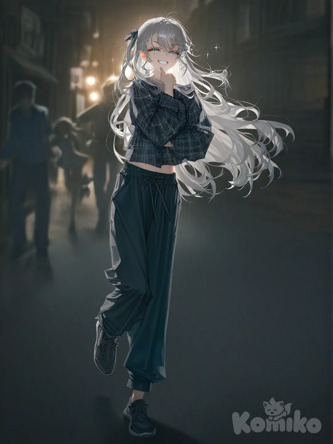 2girls, 1boy, [soft-light-illustration-style], dancing, laughing, smile, smirk, boy plaid shirt, girls crop top, both sweat pants, full body, twilight, night, sparkle, village