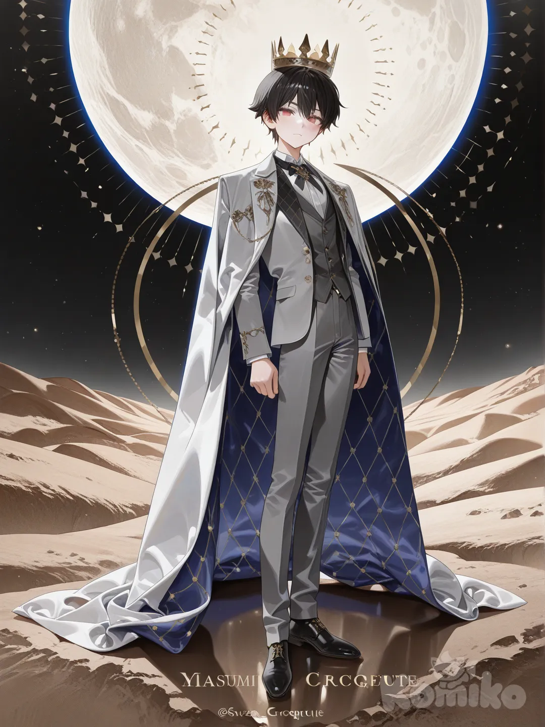 1boy, [high-gloss-illustration-style], standing, proud, tuxedo, gray, crown themed as moon, full body, looking at viewer, rim light, on the moon