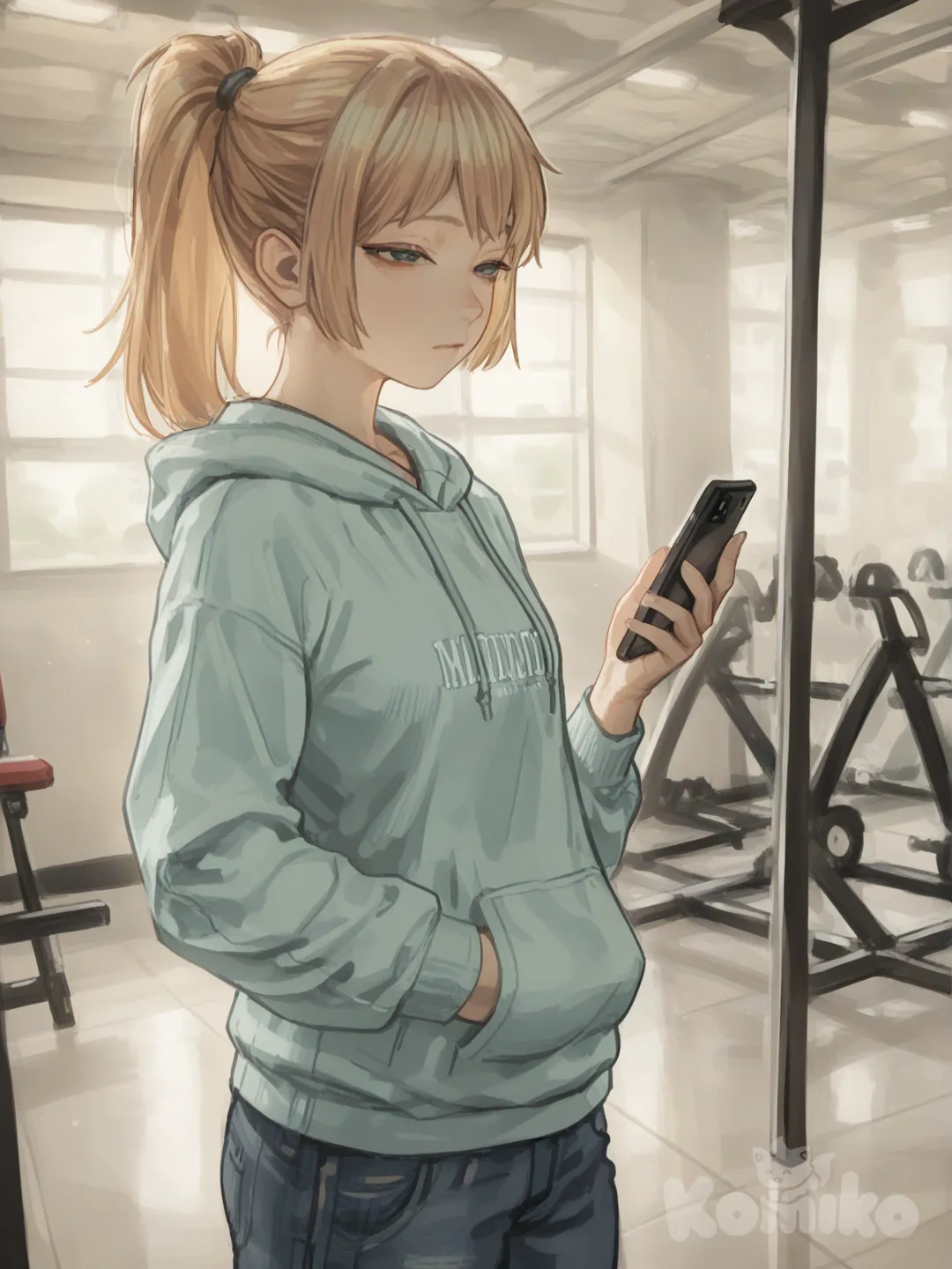 1girl, [soft-painterly-style], looking at phone, hands in pockets, calm, hoodie, jeans, high ponytail, blonde hair, closeup, side light, gym