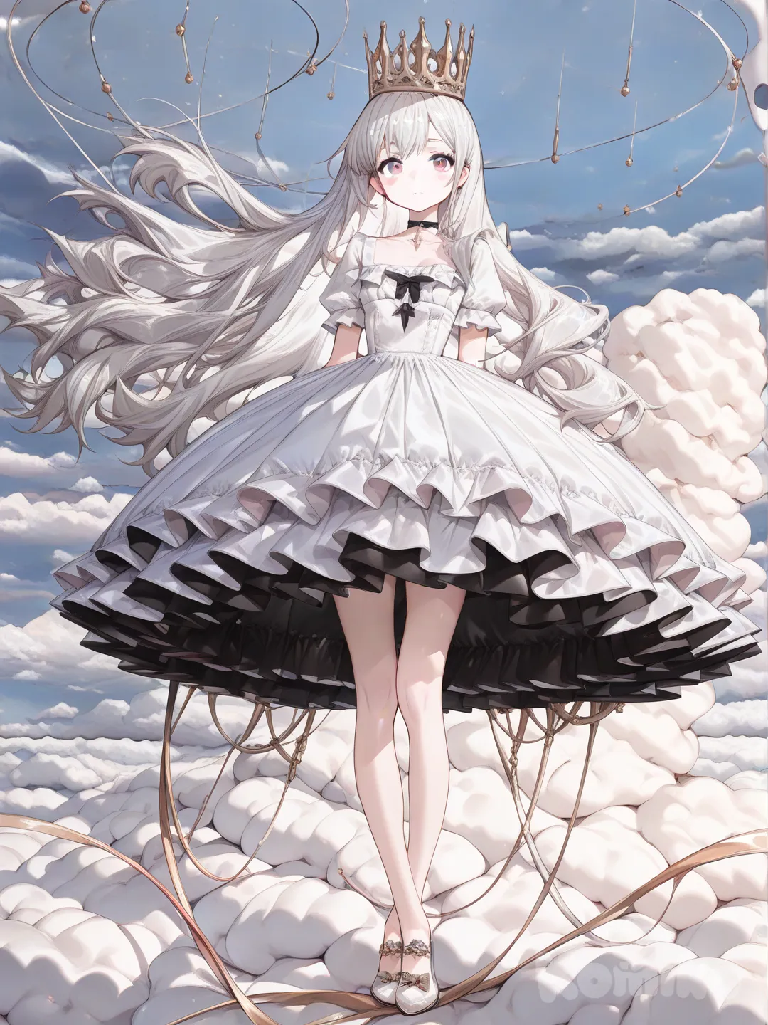 1girl, [high-gloss-illustration-style], looking at viewer, proud, slit cloud dress with ruffles, air/wind theme crown, white hair, full body, rim light, on a cloud