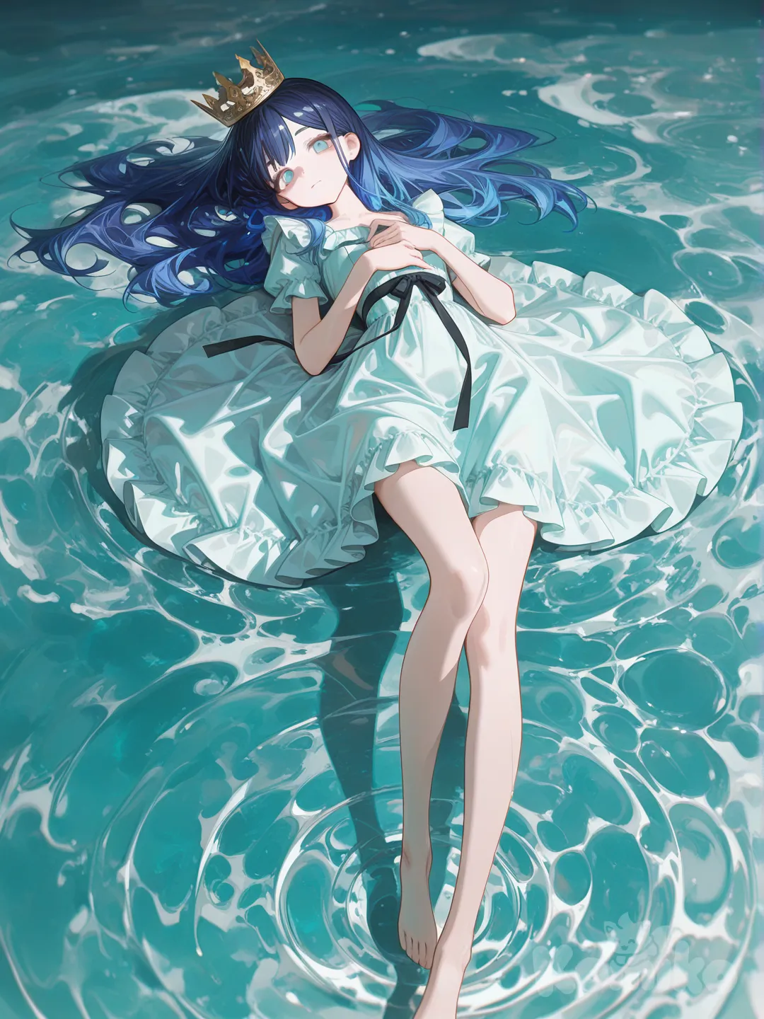 1girl, [high-gloss-illustration-style], looking at viewer, proud, slit water dress with riffles, water theme crown, blue hair, full body, rim light, on her back in the water floating