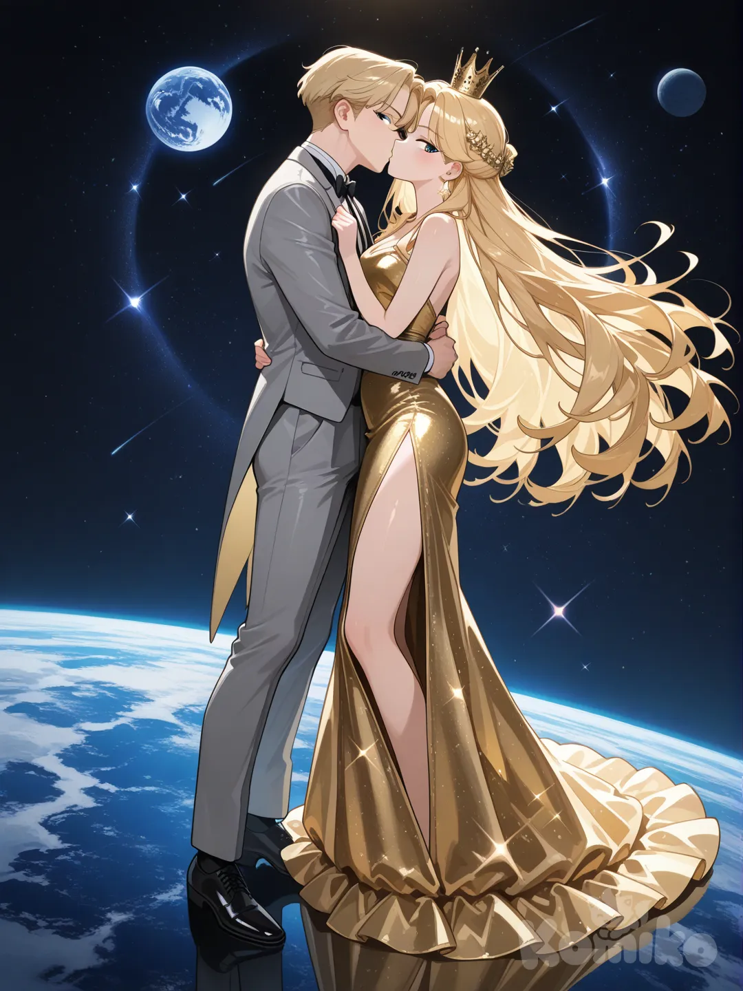 1boy, 1girl, 2poeple,GIRL:kissing boy slit golden dress with sparkles, sun theme crown, blonde hair, full body, rim light, on a planet,BOY: kissing girl, tuxedo, gray, crown themed as moon, full body, looking at viewer, rim light, on the moon