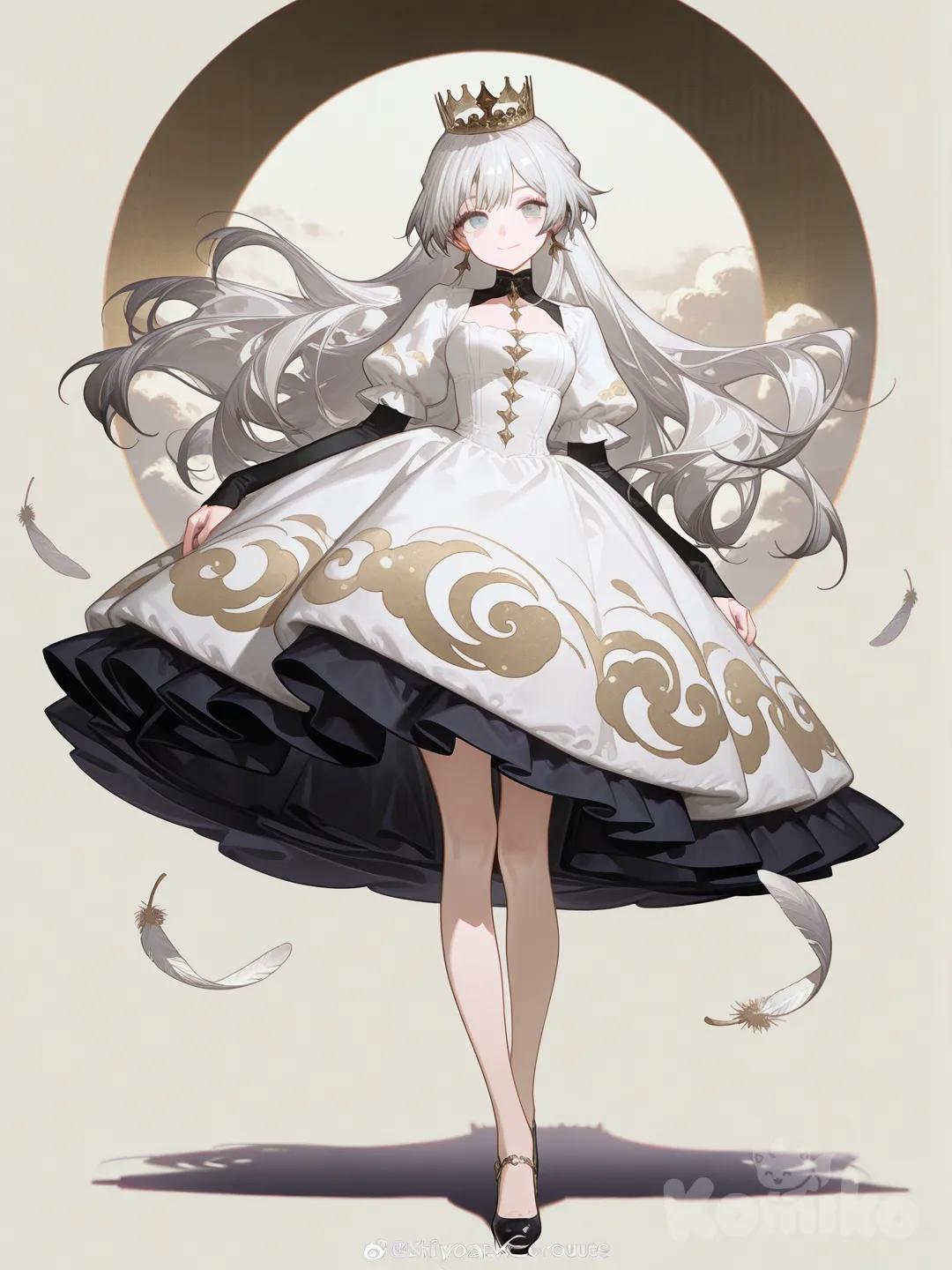 1girl, [high-gloss-illustration-style], looking at viewer, proud, slit cloud dress with ruffles, air/wind theme crown, white hair, full body, rim light, on