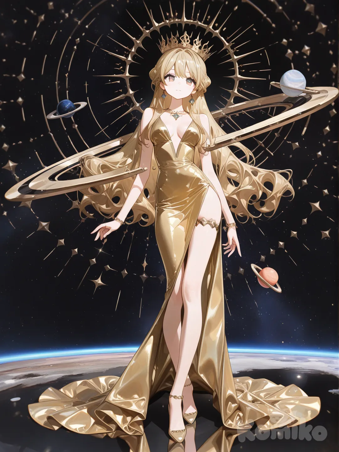 1girl, [high-gloss-illustration-style], looking at viewer, proud, slit golden dress with sparkles, sun theme crown, blonde hair, full body, rim light, on a planet
