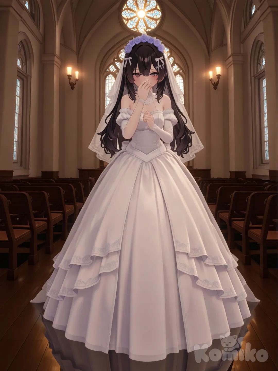 1girl, [3d-anime-style], hand over mouth, wedding dress, black on the back and white on the front, wedding veil, full body, upper body, top light, church