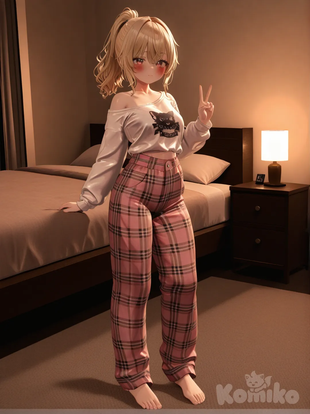 1girl, [3d-anime-style], blush, v sign, Women Sexy Off Shoulder Tops Slim Fit Long Sleeve Shirt Vintage, plaid pajama pants, blonde hair, high ponytail, full body, rim light, bedroom