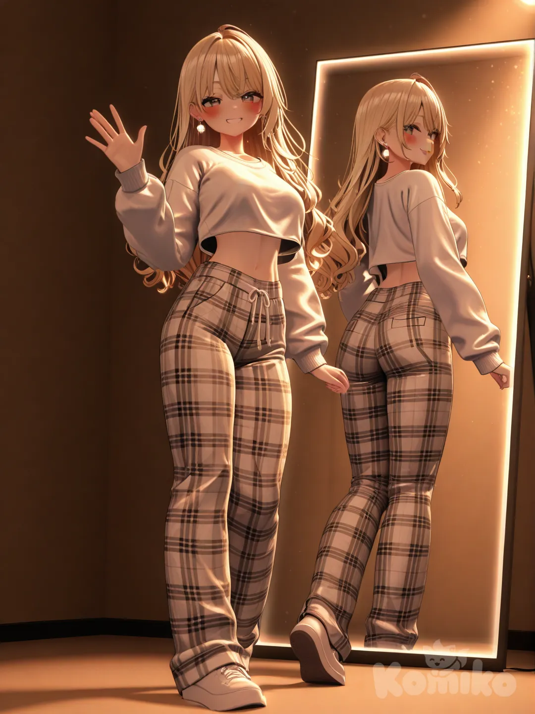 1girl, [3d-anime-style], waving, blush, LovelyWholesale Womens Crewneck Cropped Sweatshirt Long Sleeve Super Crop Top Workout Gym Aesthetic White Small at Amazon Women's Clothing store, plaid pajama pants, blonde hair, full body, closeup, rim light, pier
