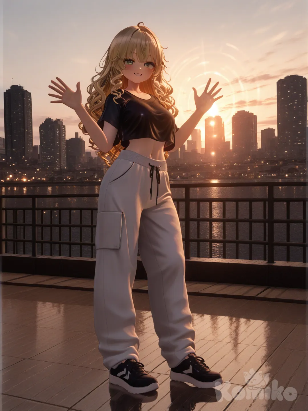 1girl, [3d-anime-style], waving, smile, crop top, sweat pants, blonde hair, spiral curls, headshot, full body, ambient light, cityscape