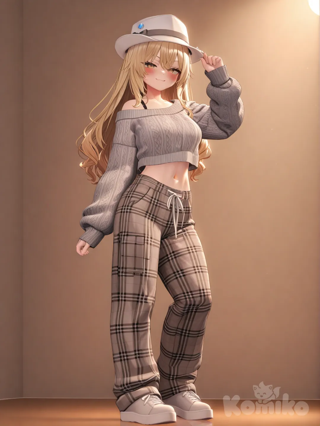 1girl, [3d-anime-style], holding tip of hat, blush, smirk, Grey Marl Crop Off Shoulder Sweatshirt, plaid pajama pants, blonde hair, white cap/hat, closeup, full body, rim light